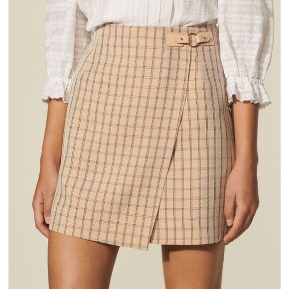 Sandro Meredith Checkered Twill Mini Faux Wrap Skirt Nude Beige Women's Size 1 - Picture 1 of 8